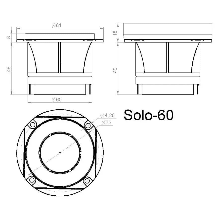 Pride Solo-60 front and side dimension drawings showing the mounting flange, horn body and screw-hole positions