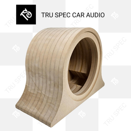 Angled front view of an unfinished TRU SPEC Stack Fab enclosure with layered walls and a recessed round opening