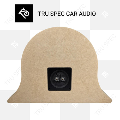 Rear view of a TRU SPEC Stack Fab enclosure showing its square speaker-terminal panel
