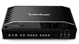 A black Rockford Fosgate car amplifier with multiple dials, ports, and indicator lights on the front panel, viewed from an angled top perspective.