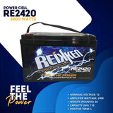 Reikken RE2420 power-cell graphic: 12V, 110 Ah, 66 pounds, 2400W amplifier rating and left positive terminal