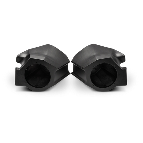 Two empty black molded speaker pods with round speaker openings