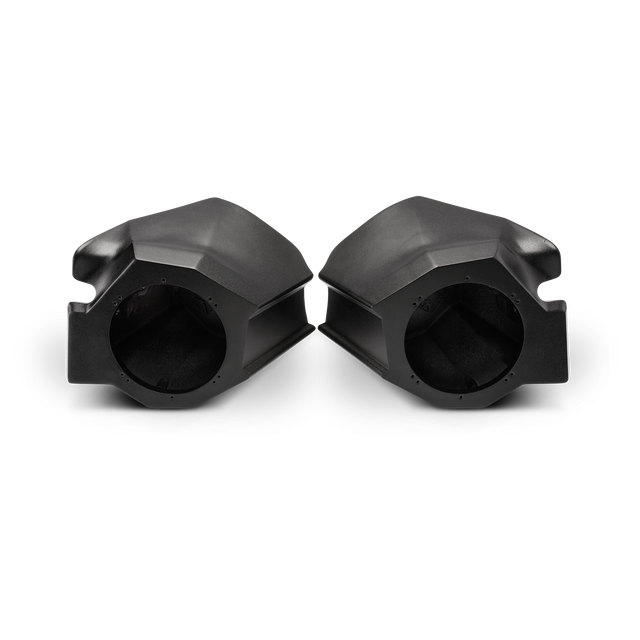 Two empty black molded speaker pods with round speaker openings