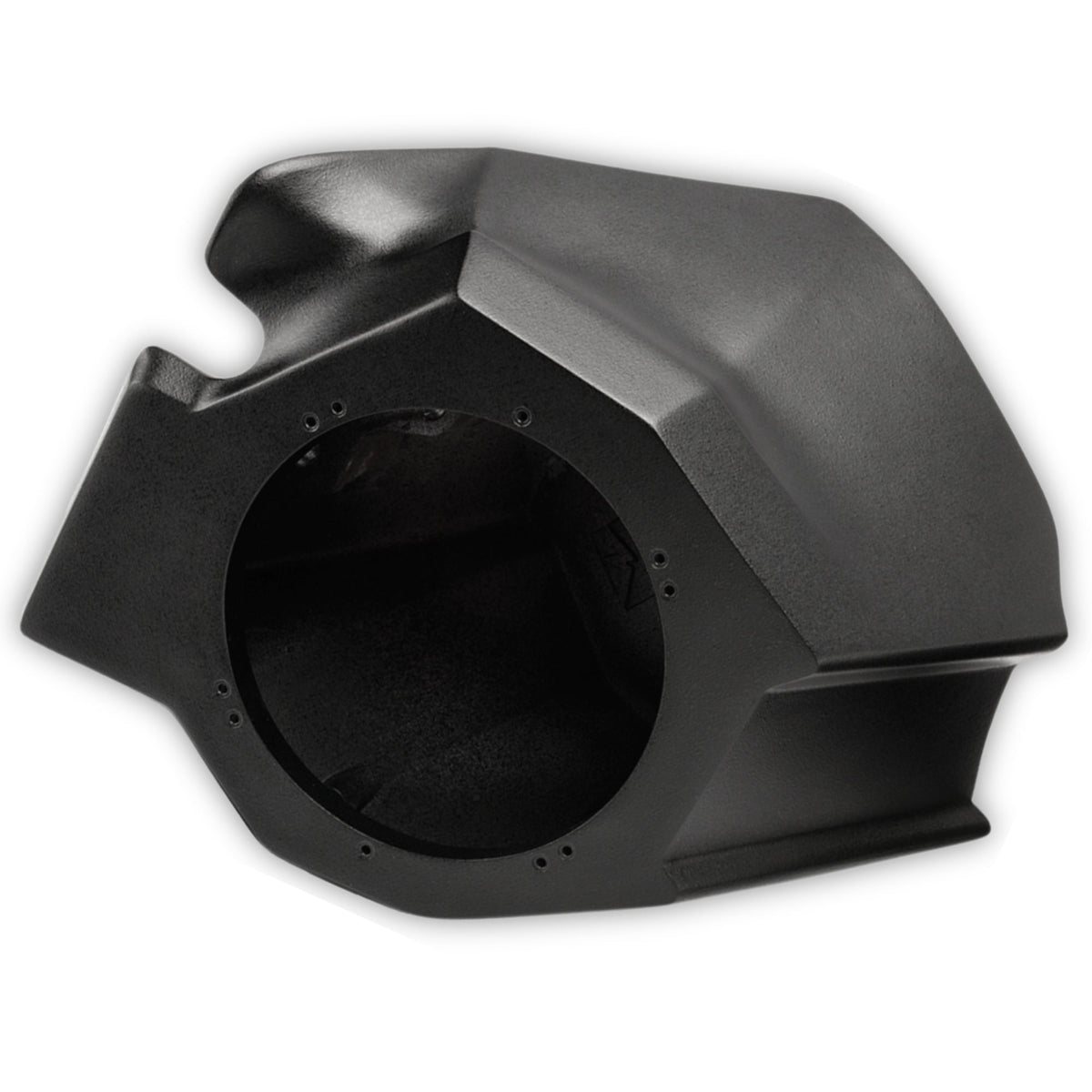 Black molded speaker enclosure with a round opening