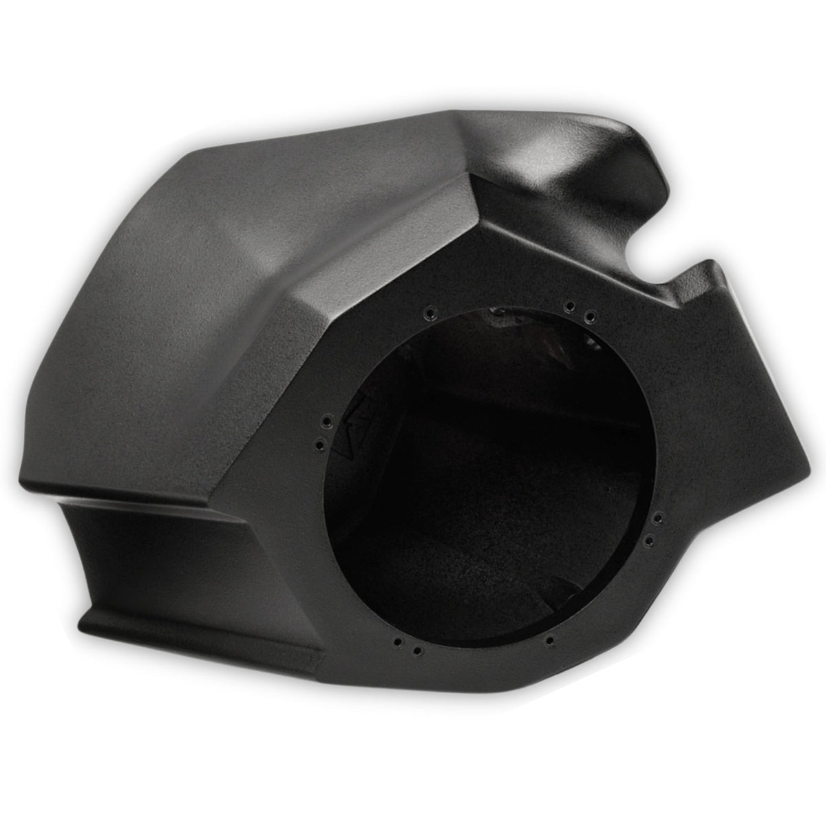 Single black molded speaker enclosure with a round mounting opening and recessed upper section