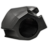 Single black molded speaker enclosure with a round mounting opening and recessed upper section