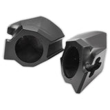 Angled view of two empty black molded speaker pods