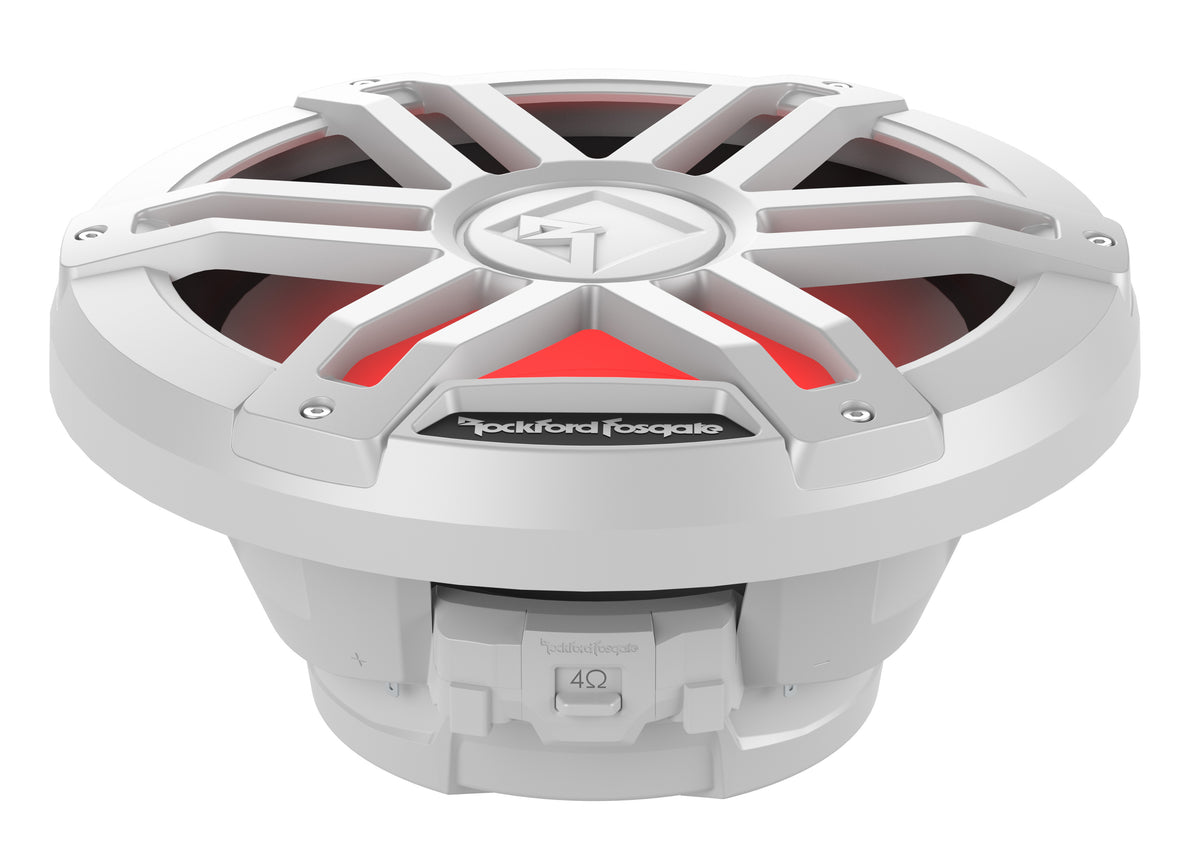 Rockford Fosgate M1D2-12 white 12-inch dual-2-ohm marine subwoofer, angled view