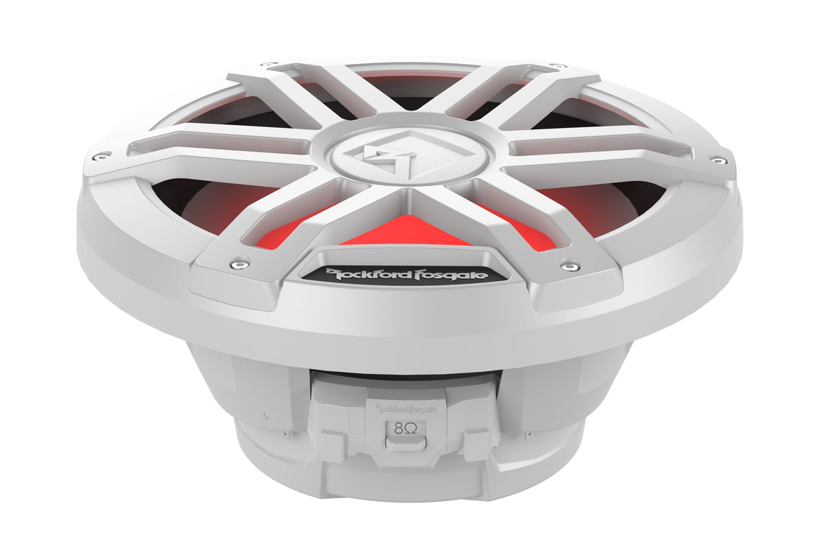 Rockford Fosgate M1D4-12 white 12-inch dual-4-ohm marine subwoofer, angled view