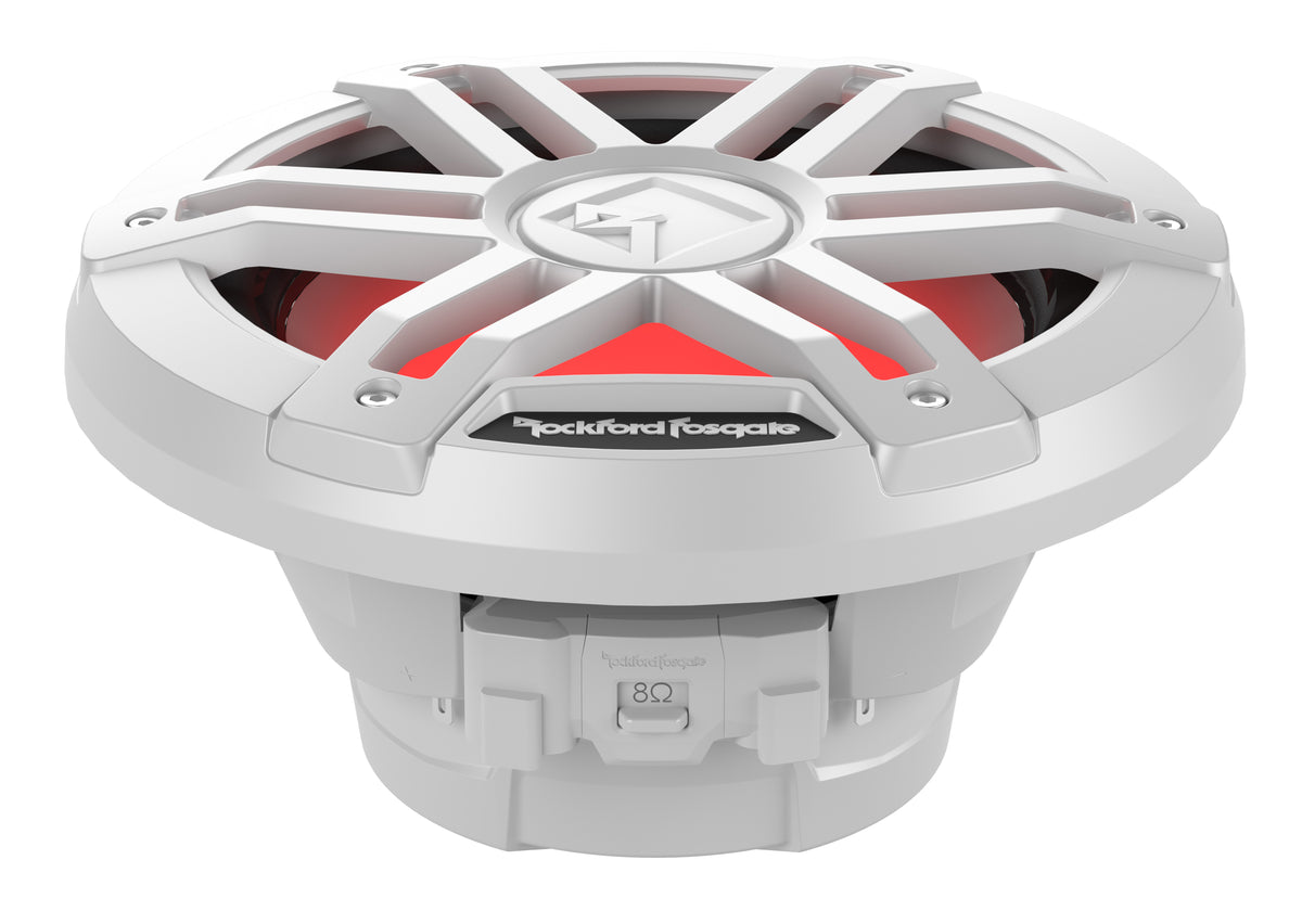 Rockford Fosgate M1D4-8 white 8-inch dual-4-ohm marine subwoofer, angled view