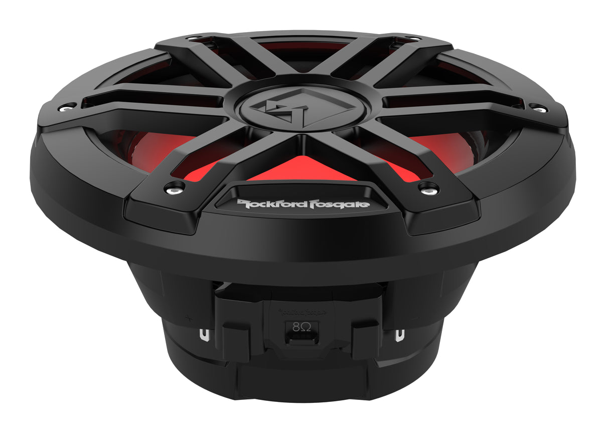 Rockford Fosgate M1D4-8B black 8-inch dual-4-ohm marine subwoofer, angled view