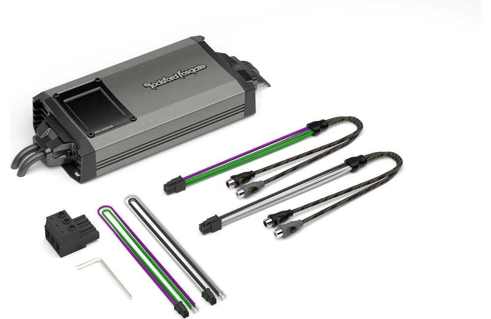 Rockford Fosgate M5-800X4 amplifier with included cables and accessories