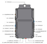 Control-module connector diagram labeling harness ports, USB, programming button and status lights