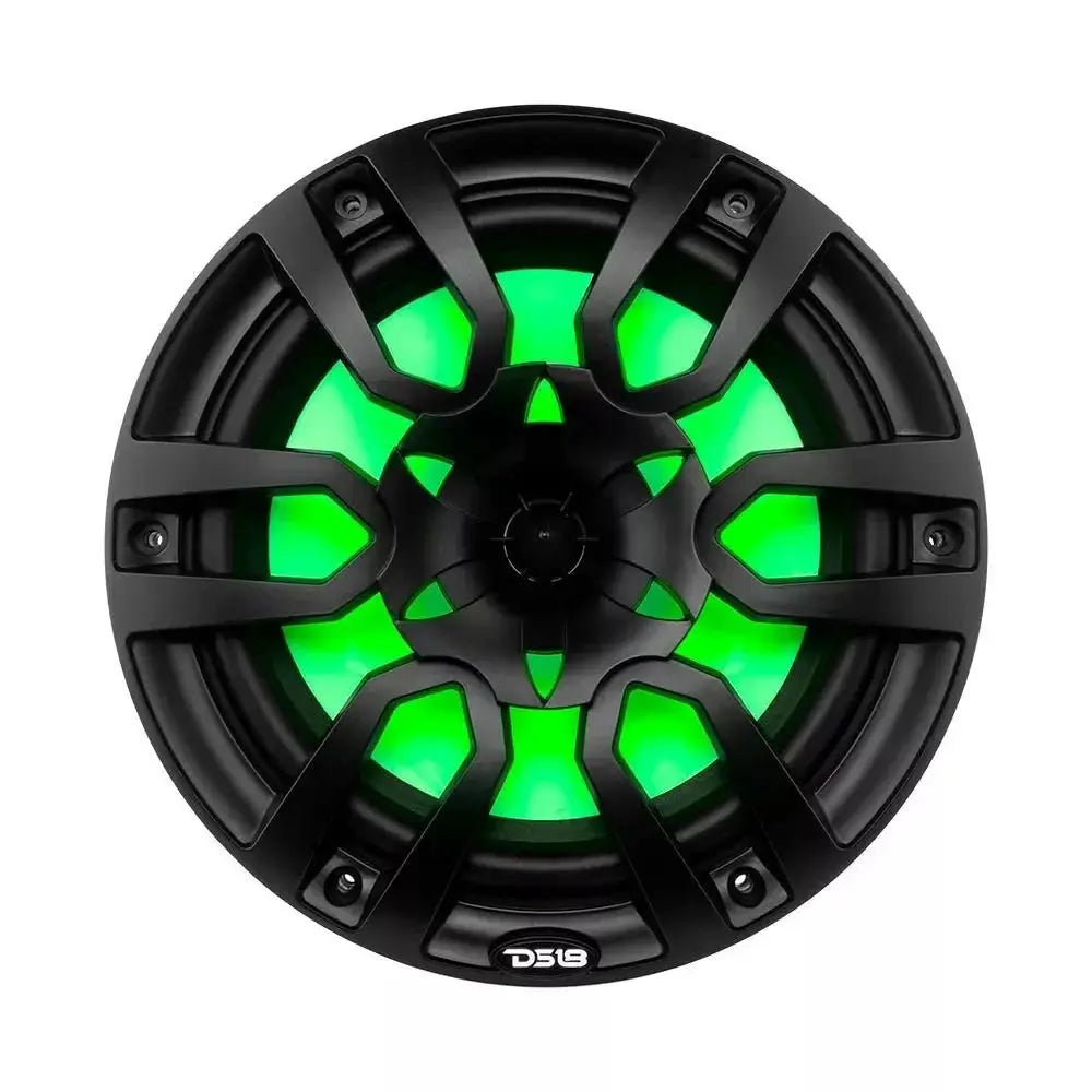 Black DS18 speaker with green illumination, front view