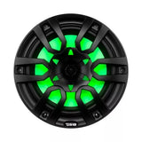Black DS18 speaker with green illumination, front view