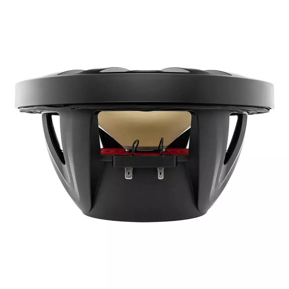 Side view of a black DS18 speaker showing the cone, red suspension, open basket and terminals