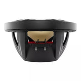 Side view of a black DS18 speaker showing the cone, red suspension, open basket and terminals