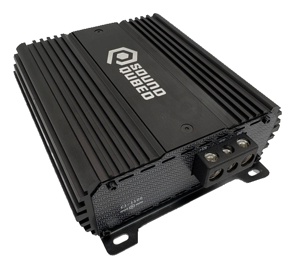 Angled black SoundQubed amplifier with finned housing and three large power terminals