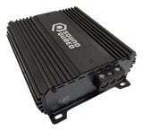 Angled black SoundQubed amplifier with finned housing and three large power terminals