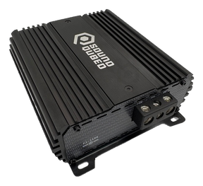 Angled black SoundQubed amplifier with finned housing and three large power terminals
