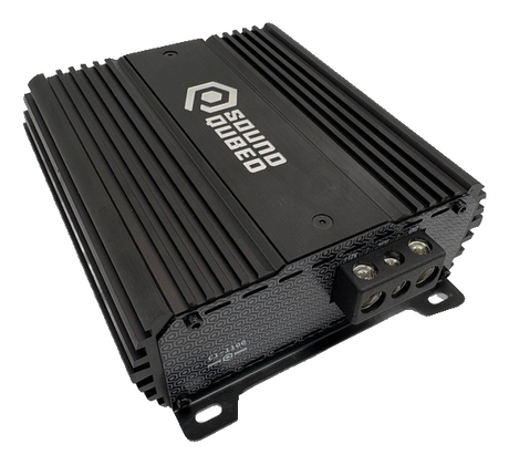 Angled black SoundQubed amplifier with finned housing and three large power terminals