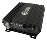 Angled view of a SoundQubed C1-1100 amplifier showing its input jacks, adjustment controls and speaker terminals
