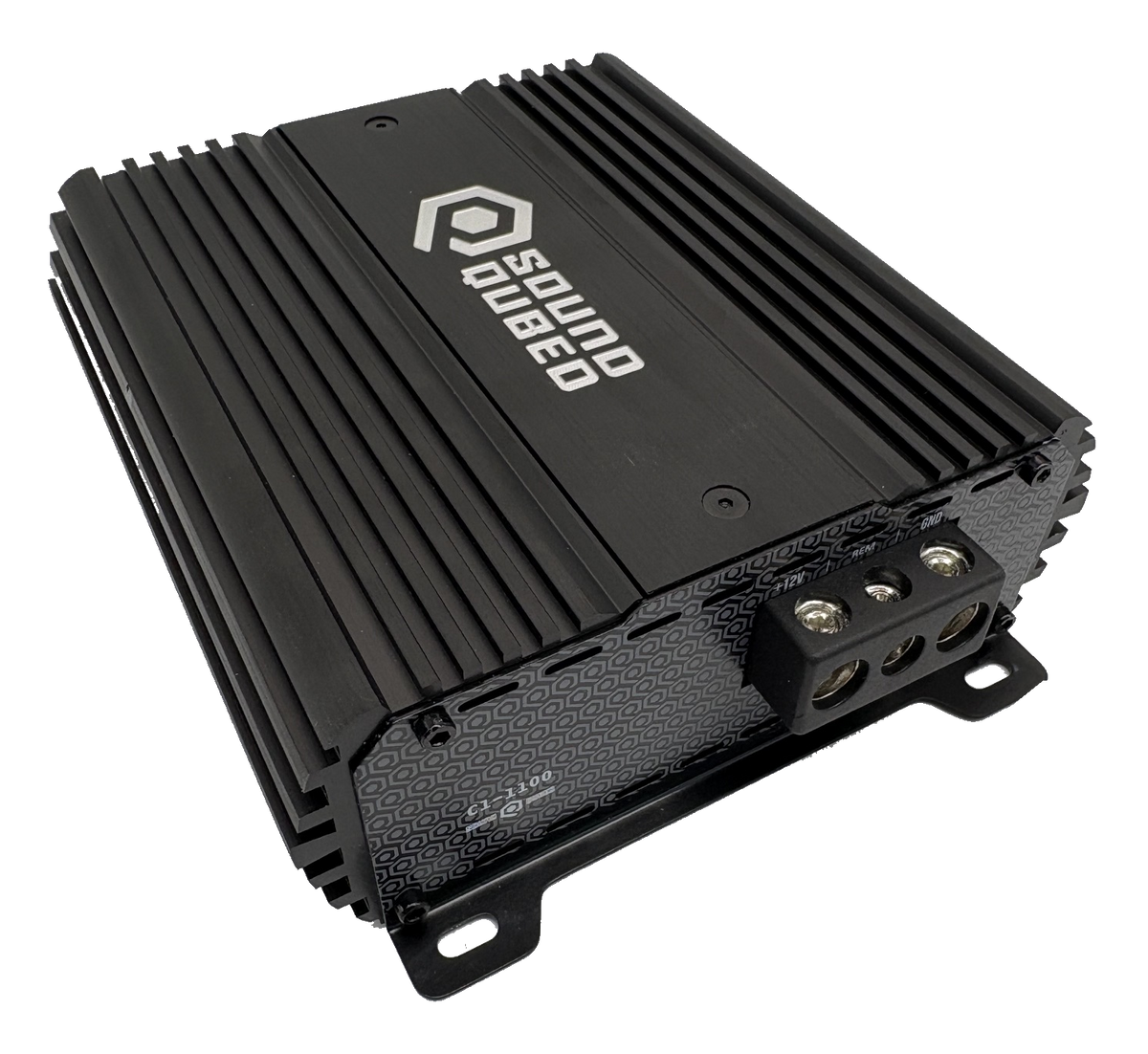 SoundQubed C1-1100 amplifier, angled power-terminal view