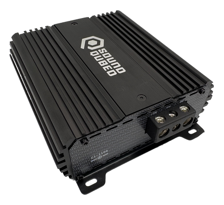 SoundQubed C1-1100 amplifier, angled power-terminal view