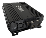 Angled view of a black SoundQubed amplifier showing its finned housing, cooling fan and large power terminals