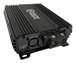 Angled view of a black SoundQubed amplifier showing its finned housing, cooling fan and large power terminals