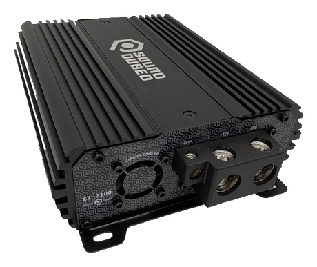 Angled view of a black SoundQubed amplifier showing its finned housing, cooling fan and large power terminals