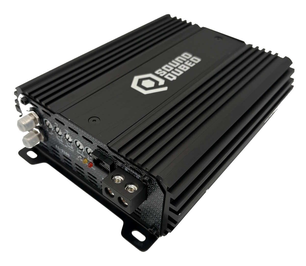 Angled view of a SoundQubed amplifier showing RCA jacks, adjustment controls and speaker terminals
