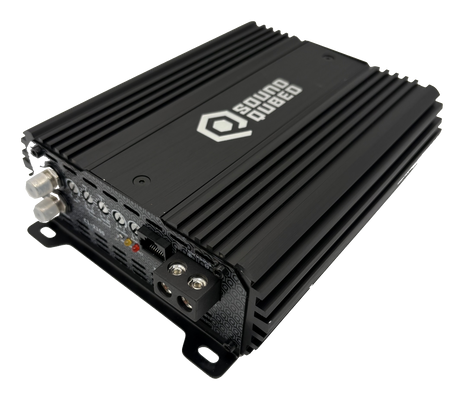 Angled view of a SoundQubed amplifier showing RCA jacks, adjustment controls and speaker terminals