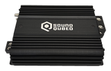 Top view of a black SoundQubed amplifier with cooling fins and terminal blocks visible at the sides