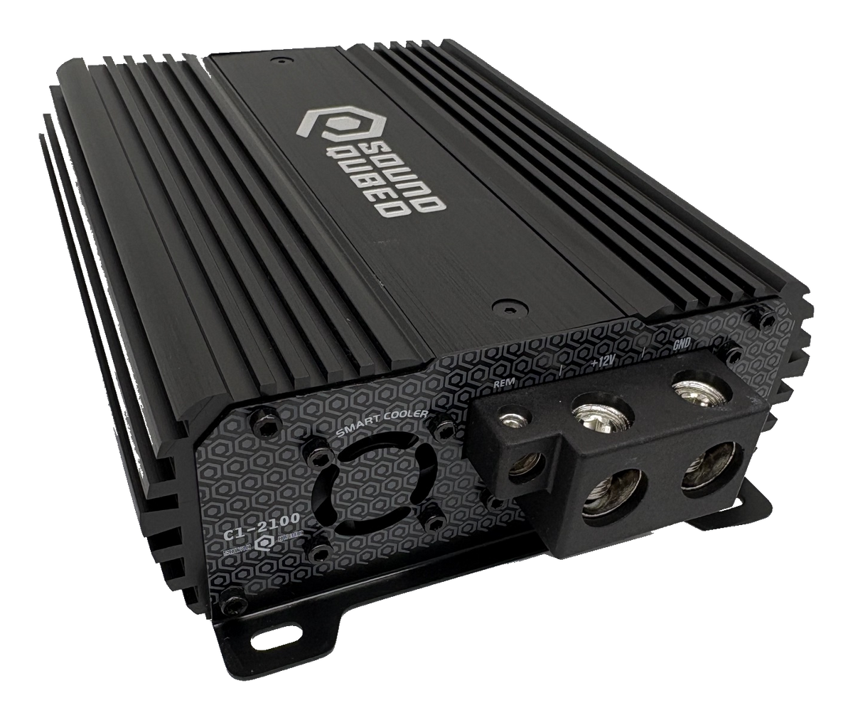 Close-up of a SoundQubed amplifier showing three power terminals and ribbed casing