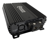 Close-up of a SoundQubed amplifier showing three power terminals and ribbed casing