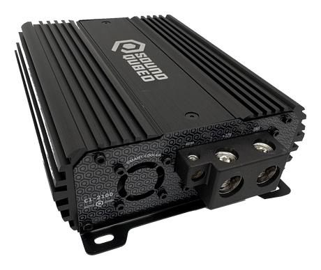 Close-up of a SoundQubed amplifier showing three power terminals and ribbed casing