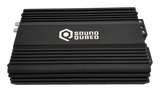 Top view of a black SoundQubed amplifier with a large white logo between rows of cooling fins