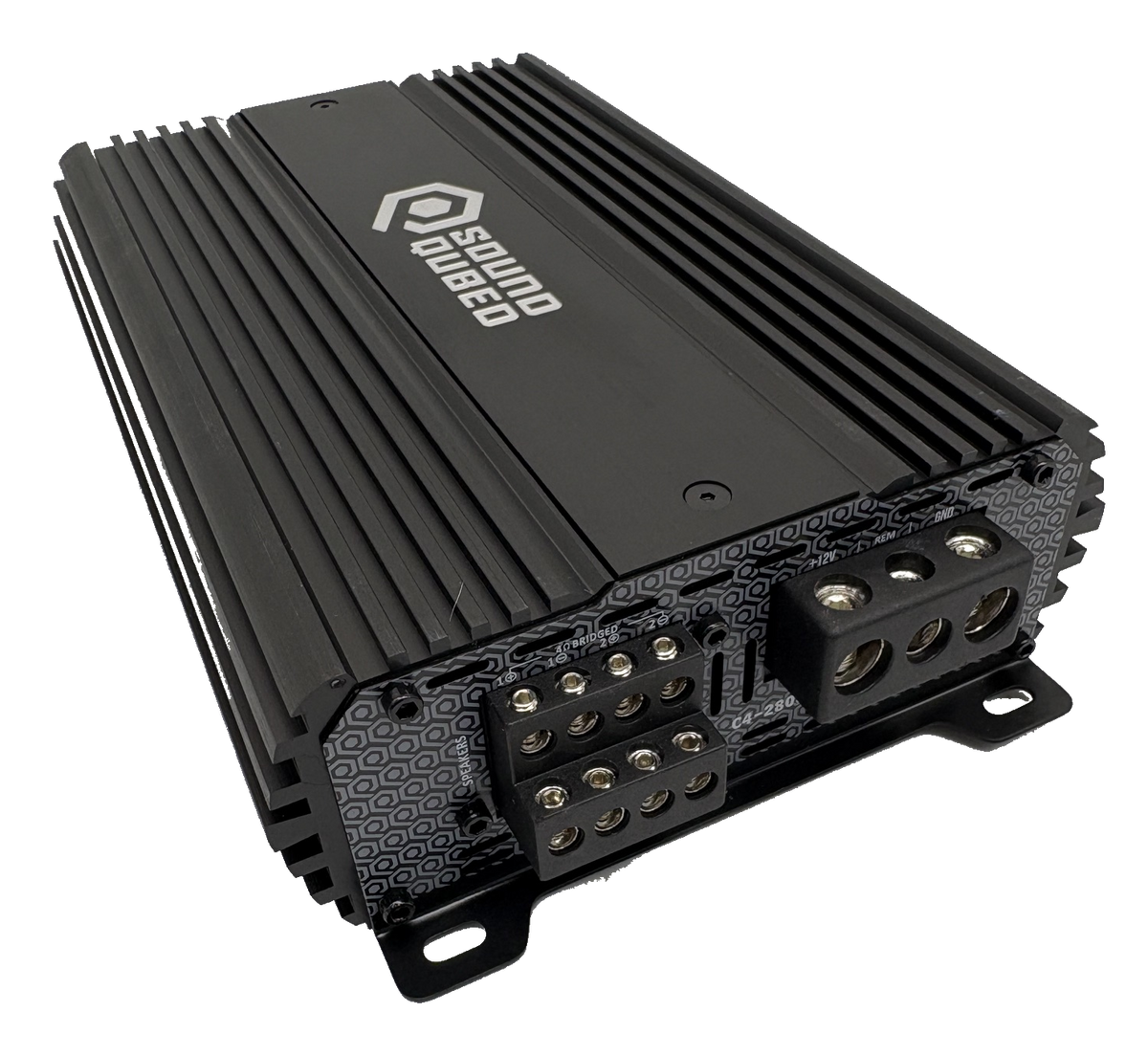 Angled rear view of a SoundQubed amplifier showing paired speaker terminals, large power connections and cooling fins