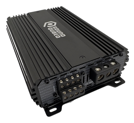 Angled rear view of a SoundQubed amplifier showing paired speaker terminals, large power connections and cooling fins
