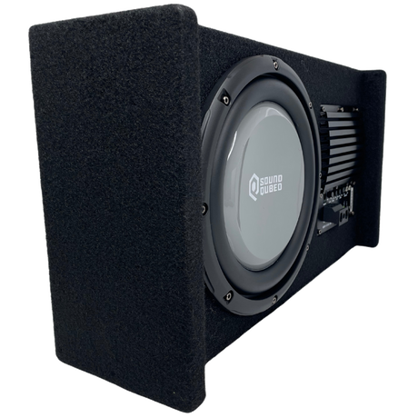Angled view of a carpeted SoundQubed enclosure showing its gray subwoofer cone and inset amplifier panel