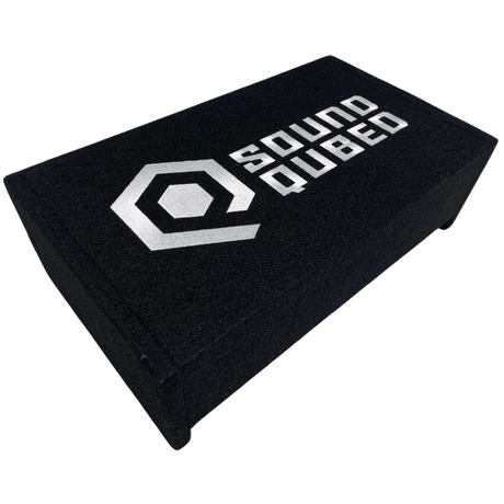Opposite angled view of a low-profile black enclosure with a white SoundQubed logo on top