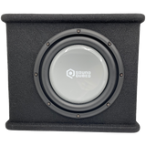 Front view of a black carpeted SoundQubed enclosure with a gray subwoofer and raised top and bottom edges