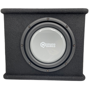 Front view of a black carpeted SoundQubed enclosure with a gray subwoofer and raised top and bottom edges