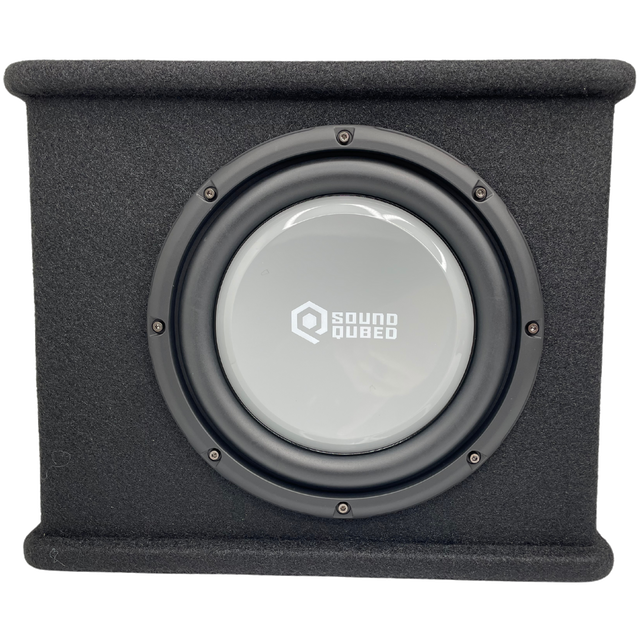 Front view of a black carpeted SoundQubed enclosure with a gray subwoofer and raised top and bottom edges