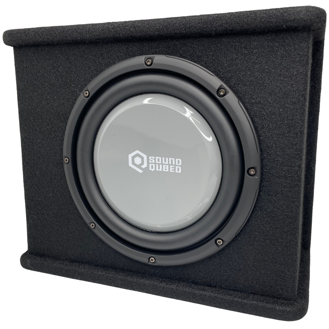 Front view of a black carpeted SoundQubed enclosure with a gray subwoofer cone and raised edge rails