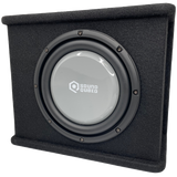 Front view of a black carpeted SoundQubed enclosure with a gray subwoofer cone and raised edge rails