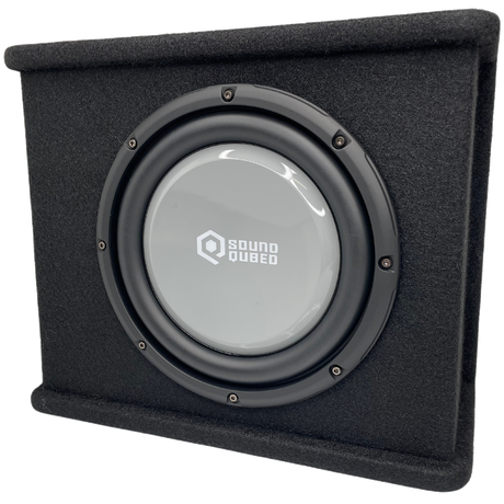 Front view of a black carpeted SoundQubed enclosure with a gray subwoofer cone and raised edge rails