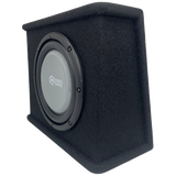 Angled front and side view of a black carpeted SoundQubed wedge enclosure with a gray subwoofer