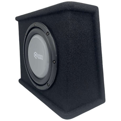 Angled front and side view of a black carpeted SoundQubed wedge enclosure with a gray subwoofer